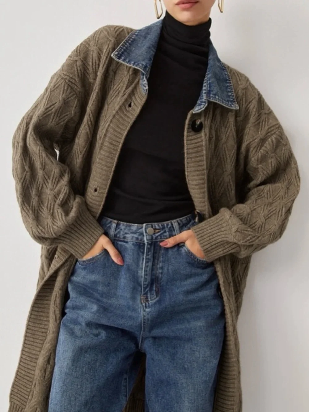 COMMENSE Diamond Stitch Knitting Longline Cardigan Denim Tan Oversized fit S - Picture 2 of 15